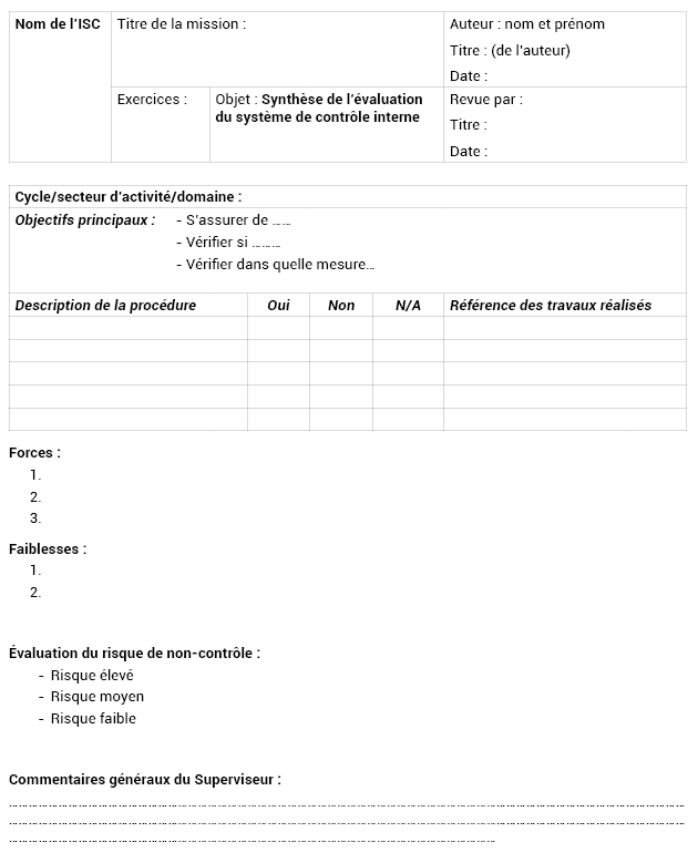 Annexe n° 5.1 : Feuille de travail sur l’évaluation du système de contrôle interne