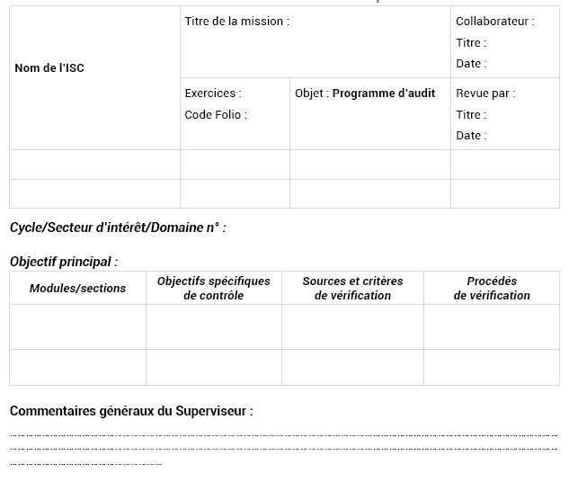 Annexe n°9.1 : Feuille de travail sur le plan d’audit