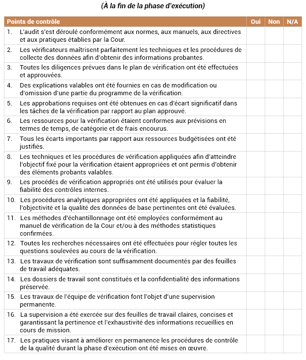 Annexe n°13 : Liste des contrôles pour l’exécution des audits
