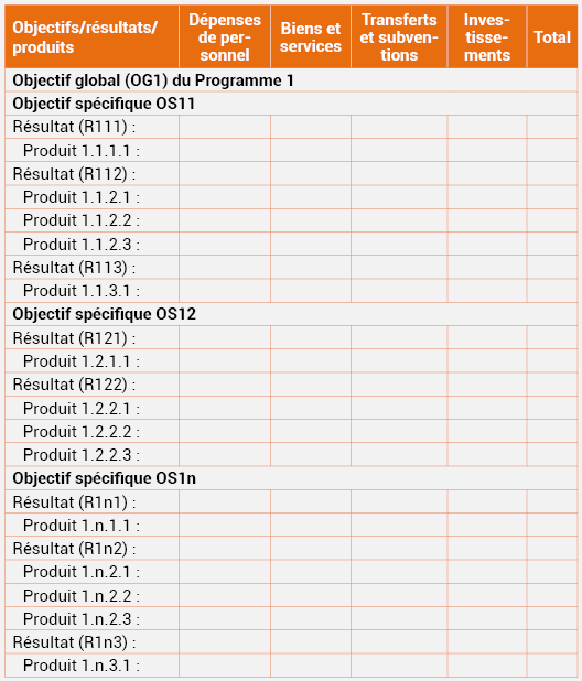 Tableau n°20 : Budget annuel détaillé du Programme alloué aux résultats et aux produits selon la nature des dépenses