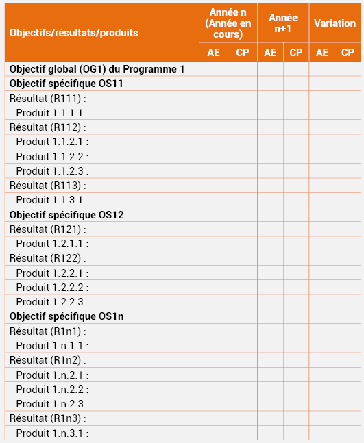 Tableau 21 : Budget annuel détaillé du Programme alloué aux résultats et aux produits en Autorisations d’Engagement (AE) et en Crédits de Paiement (CP)